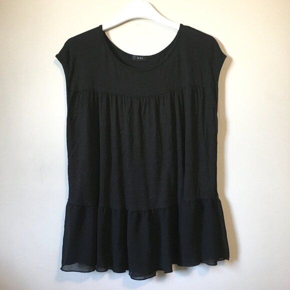 Whimsical Black Two Fabric Sleeveless Ruffled + Pleated Tank - Picture 1 of 15